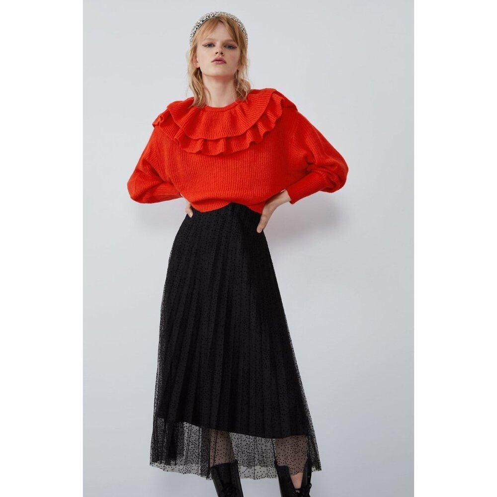 NWOT Zara black polka dot organza mesh overlay pleated skirt, L